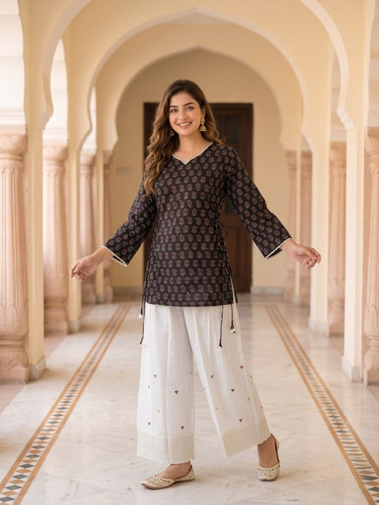 Black Ethnic Boota Print Cotton Kurta with Off White Palazzo