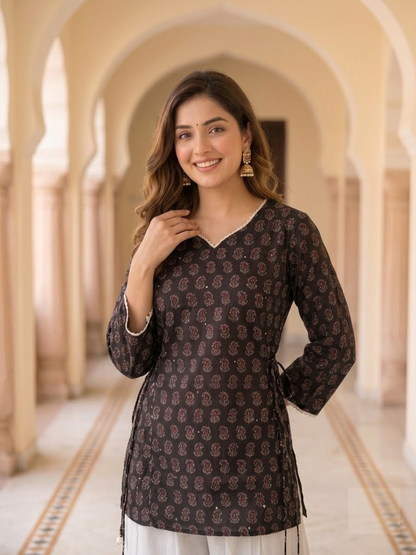 Black Ethnic Boota Print Cotton Kurta with Off White Palazzo