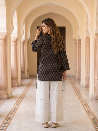 Black Ethnic Boota Print Cotton Kurta with Off White Palazzo