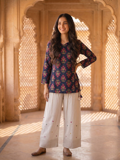 Navy Blue Ethnic Boota Print Cotton Kurta with Off White Palazzo