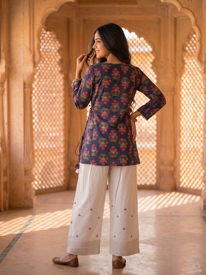 Navy Blue Ethnic Boota Print Cotton Kurta with Off White Palazzo