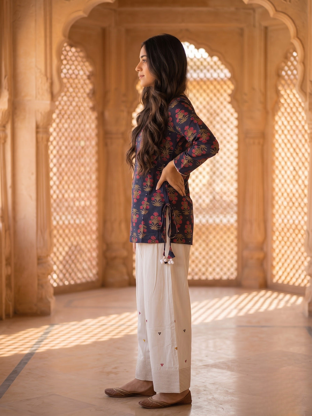 Navy Blue Ethnic Boota Print Cotton Kurta with Off White Palazzo