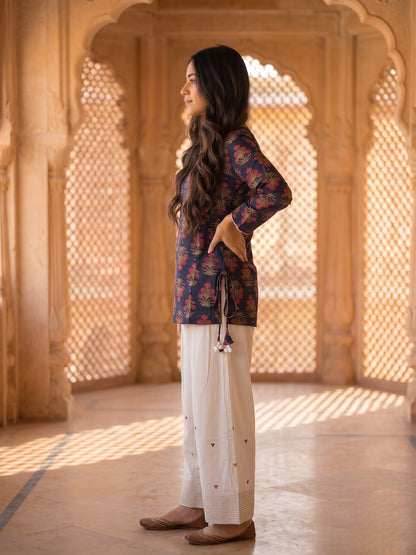 Navy Blue Ethnic Boota Print Cotton Kurta with Off White Palazzo
