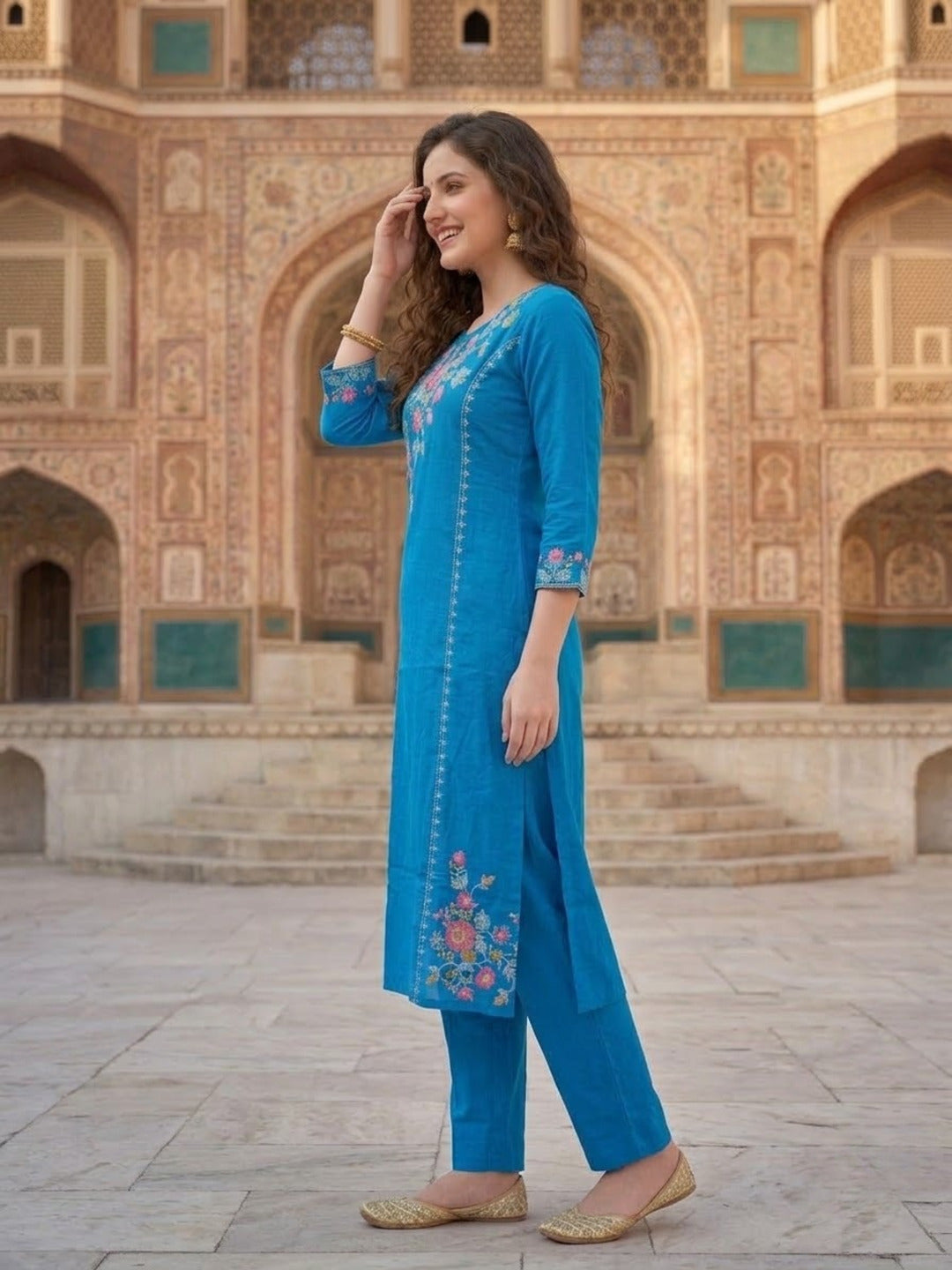 Cobalt Blue Floral Embroidered Cotton Kurta with Palazzo