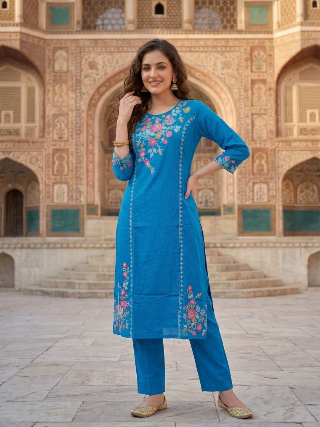 Cobalt Blue Floral Embroidered Cotton Kurta with Palazzo