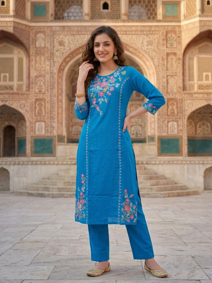 Cobalt Blue Floral Embroidered Cotton Kurta with Palazzo