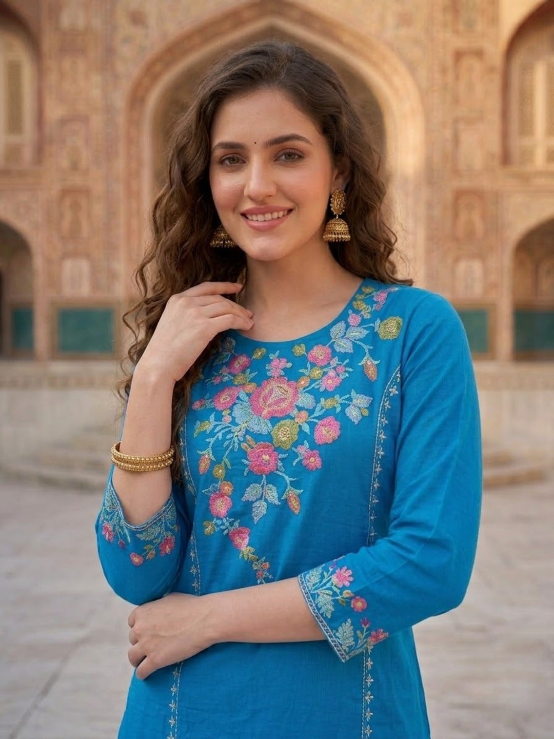 Cobalt Blue Floral Embroidered Cotton Kurta with Palazzo