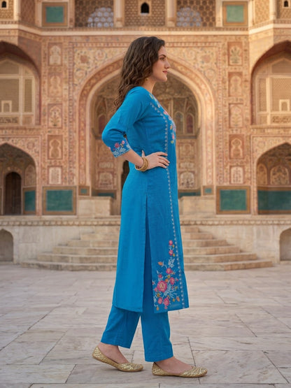 Cobalt Blue Floral Embroidered Cotton Kurta with Palazzo