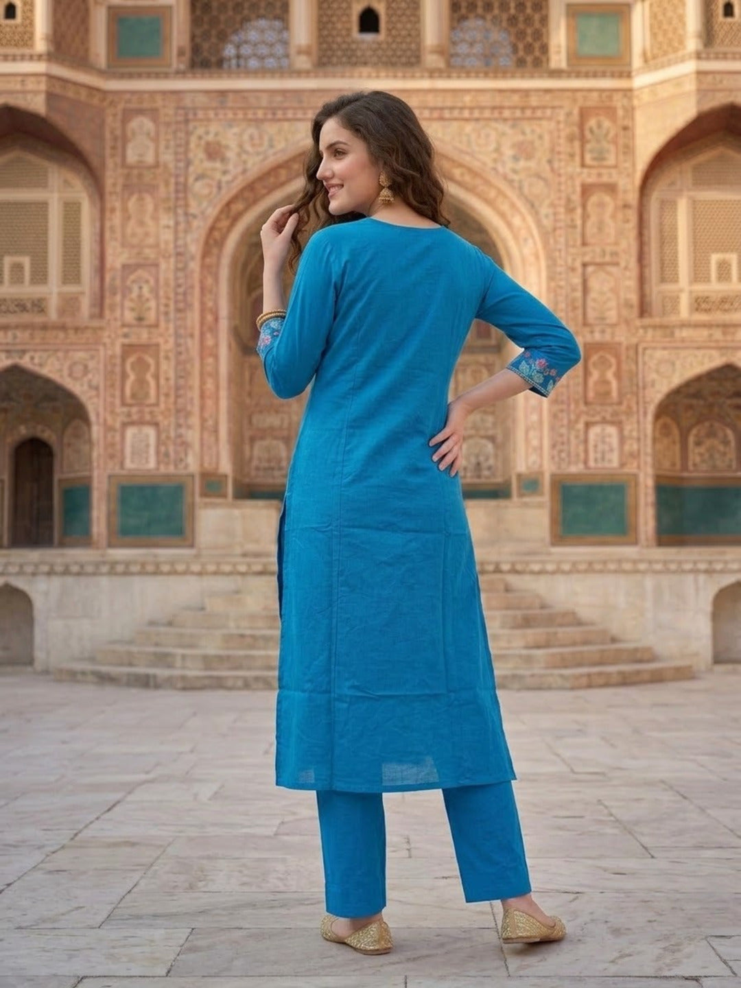 Cobalt Blue Floral Embroidered Cotton Kurta with Palazzo