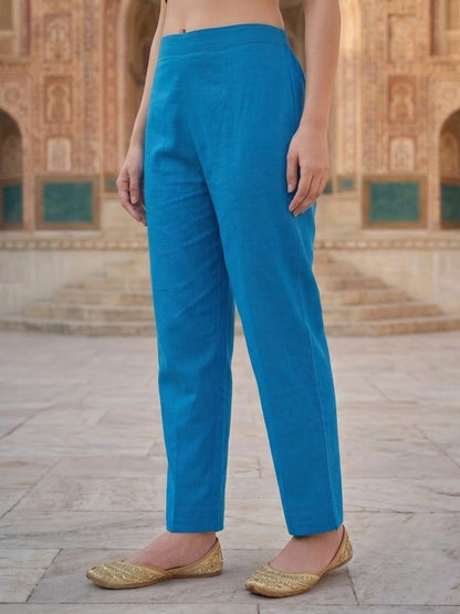 Cobalt Blue Floral Embroidered Cotton Kurta with Palazzo
