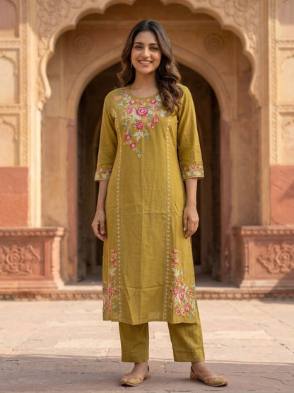 Olive Cross-Stitch Embroidered Kurta with Palazzos
