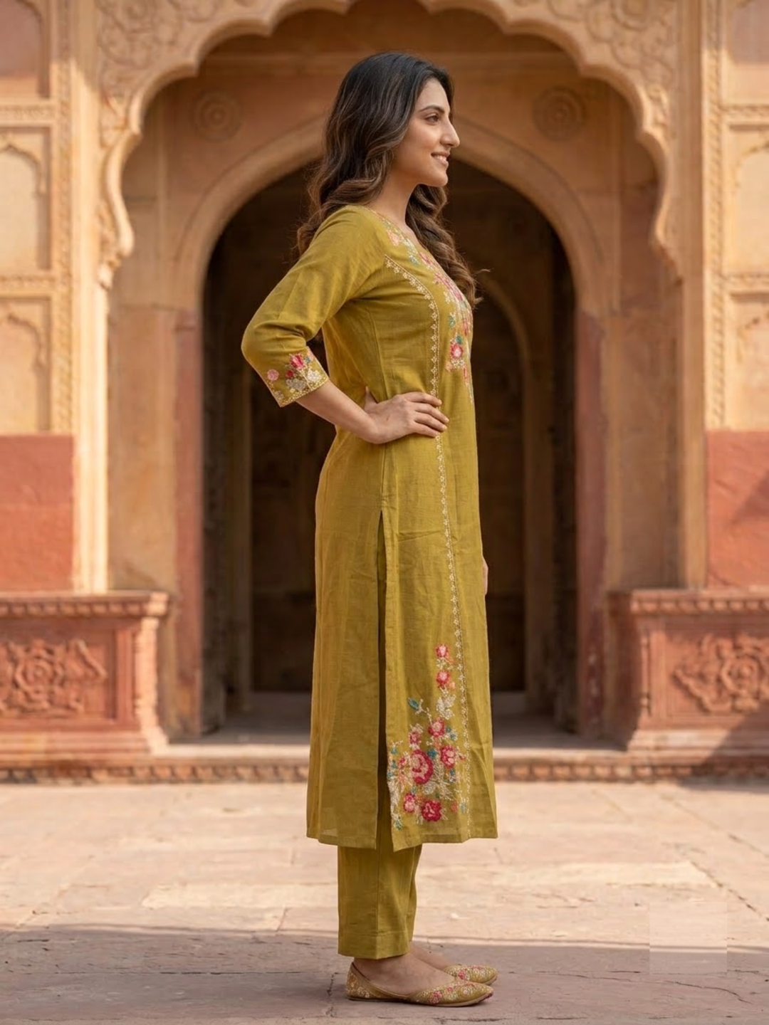 Olive Cross-Stitch Embroidered Kurta with Palazzos