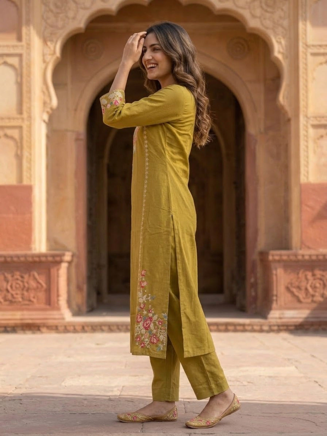 Olive Cross-Stitch Embroidered Kurta with Palazzos