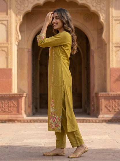 Olive Cross-Stitch Embroidered Kurta with Palazzos