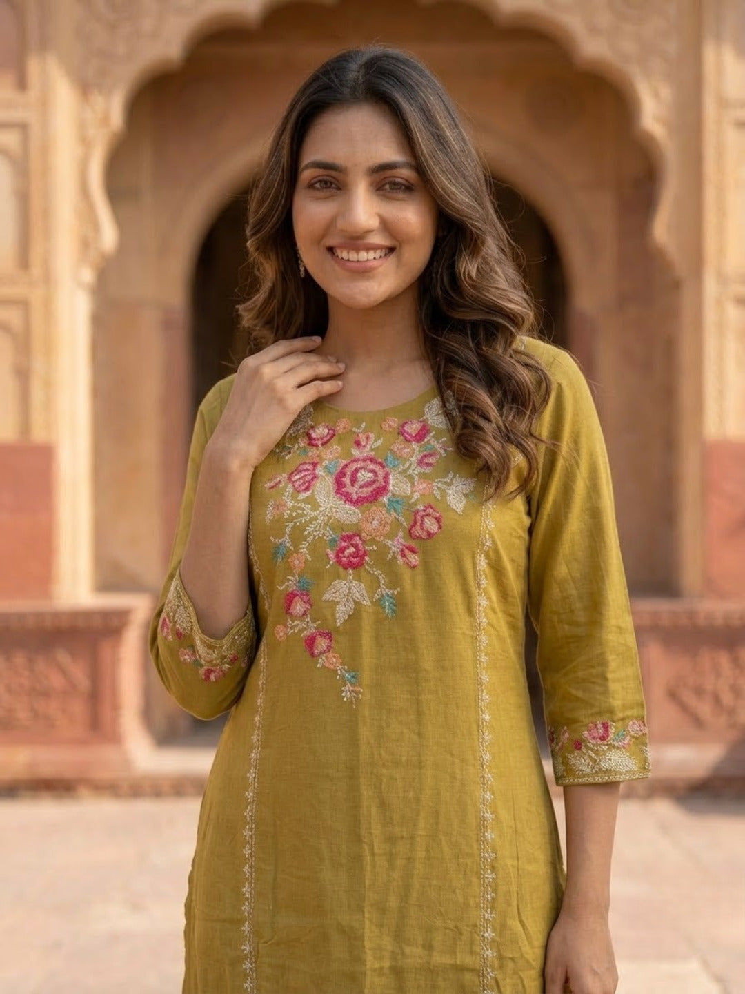 Olive Cross-Stitch Embroidered Kurta with Palazzos