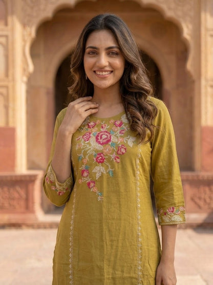 Olive Cross-Stitch Embroidered Kurta with Palazzos