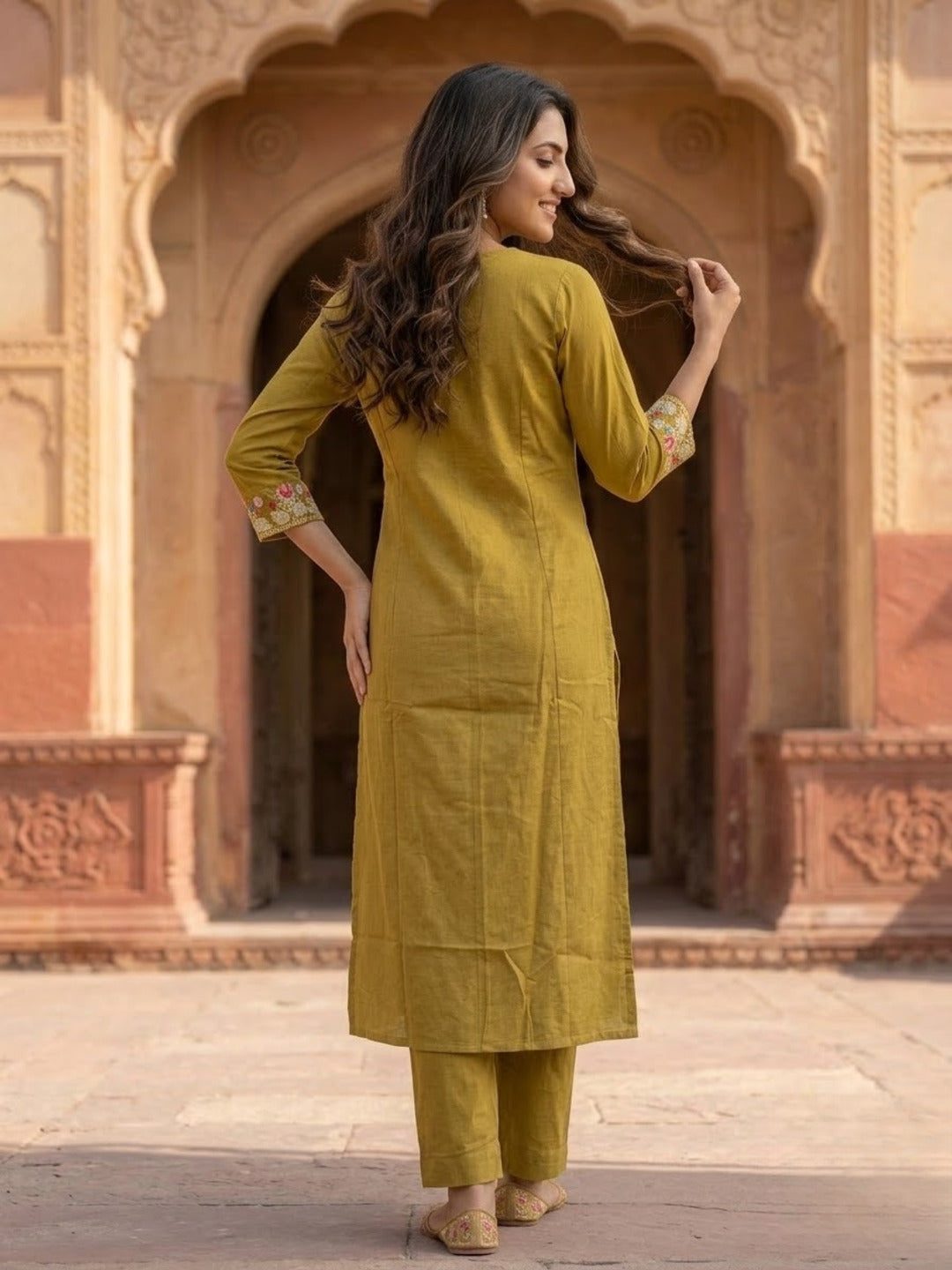 Olive Cross-Stitch Embroidered Kurta with Palazzos