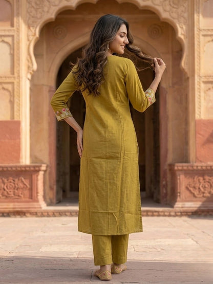 Olive Cross-Stitch Embroidered Kurta with Palazzos