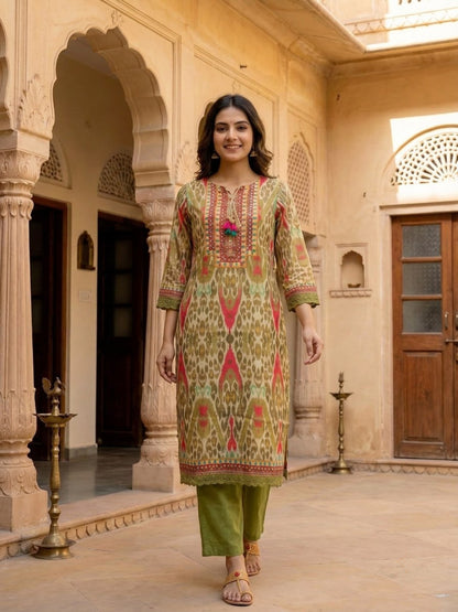 Multicolour Ikat Print Voile Kurta Set with Palazzo & Dupatta