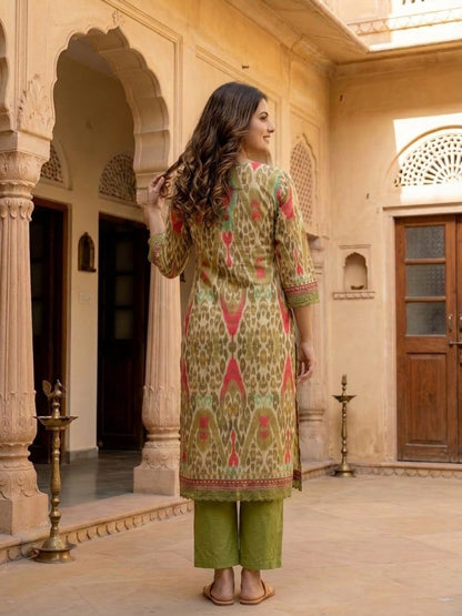Multicolour Ikat Print Voile Kurta Set with Palazzo & Dupatta