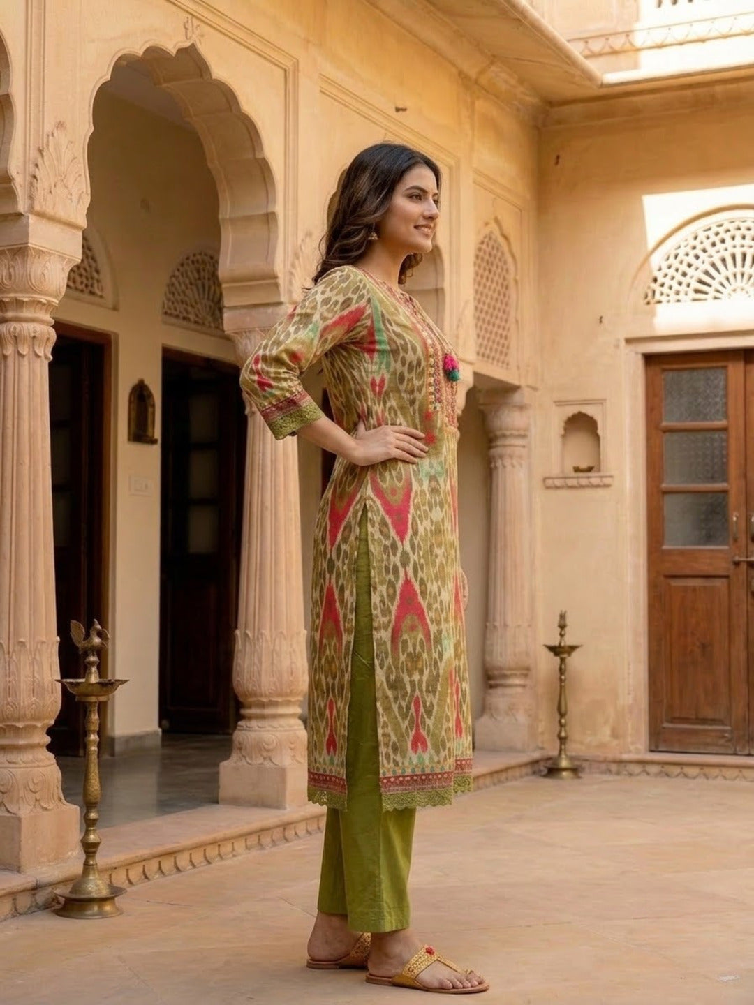 Multicolour Ikat Print Voile Kurta Set with Palazzo & Dupatta