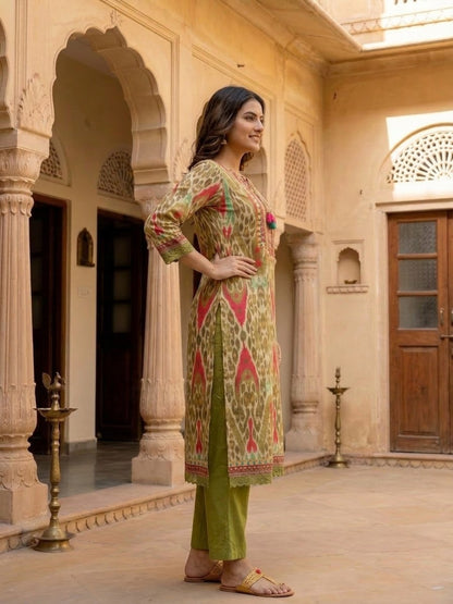Multicolour Ikat Print Voile Kurta Set with Palazzo & Dupatta