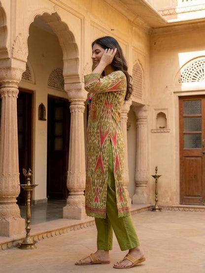 Multicolour Ikat Print Voile Kurta Set with Palazzo & Dupatta