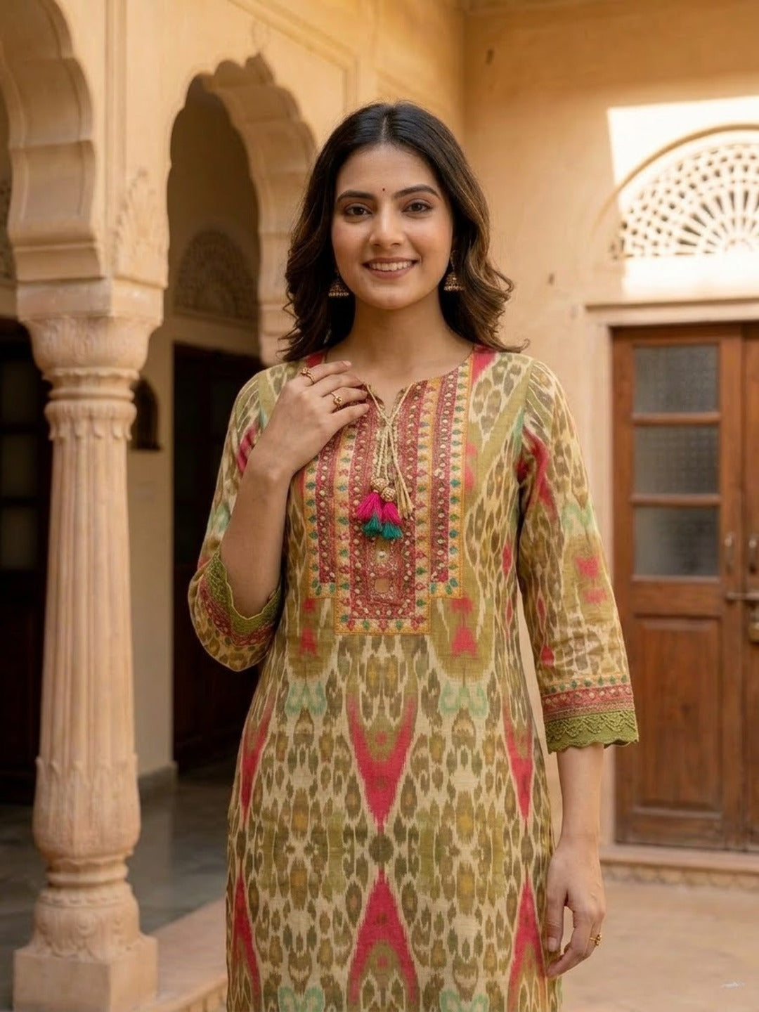Multicolour Ikat Print Voile Kurta Set with Palazzo & Dupatta