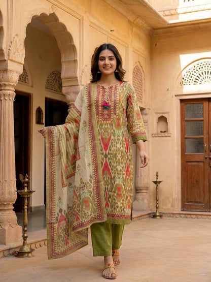 Multicolour Ikat Print Voile Kurta Set with Palazzo & Dupatta