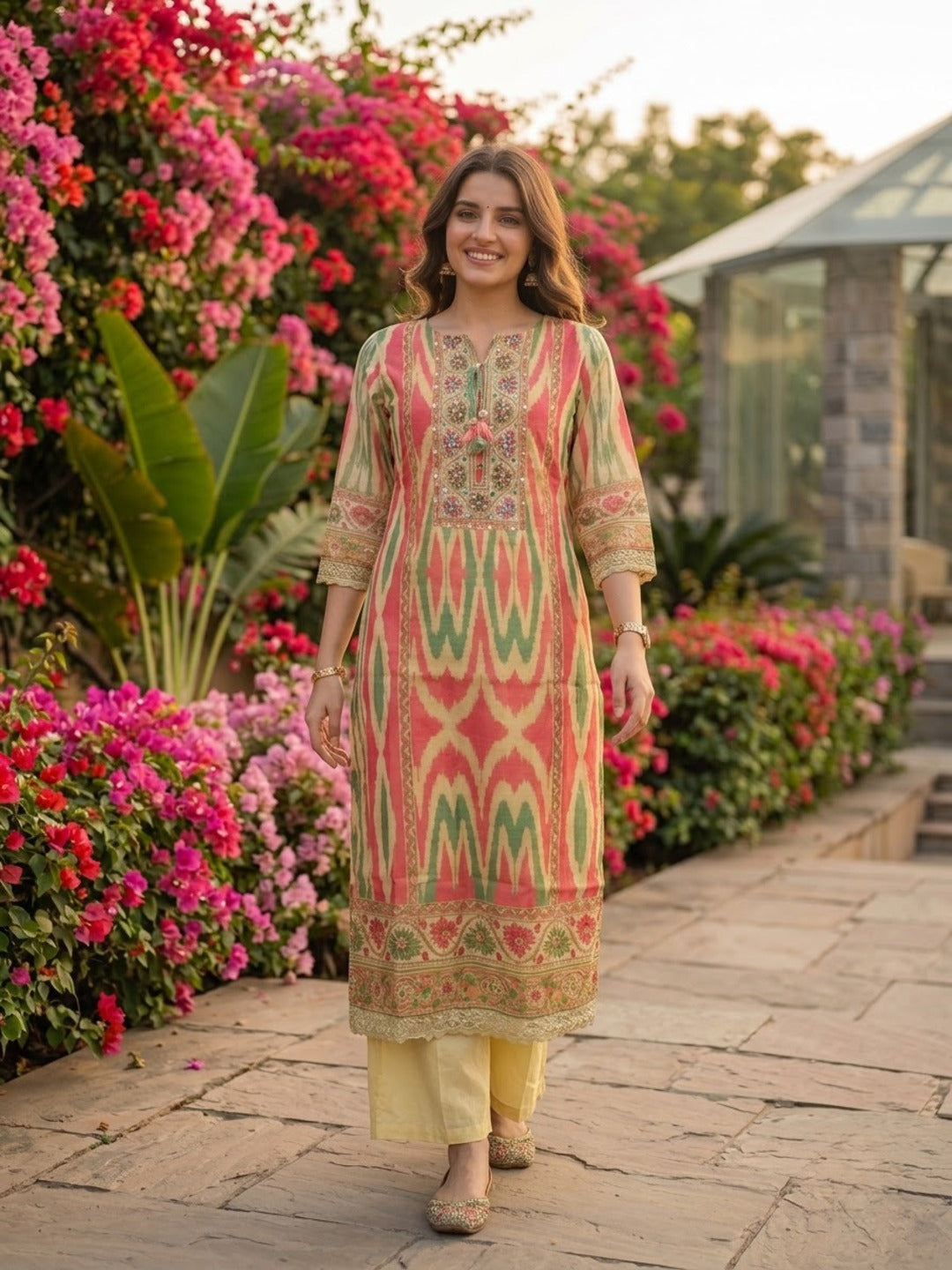 Multicolour Ikat Print Voile Kurta Set with Beige Palazzo & Dupatta
