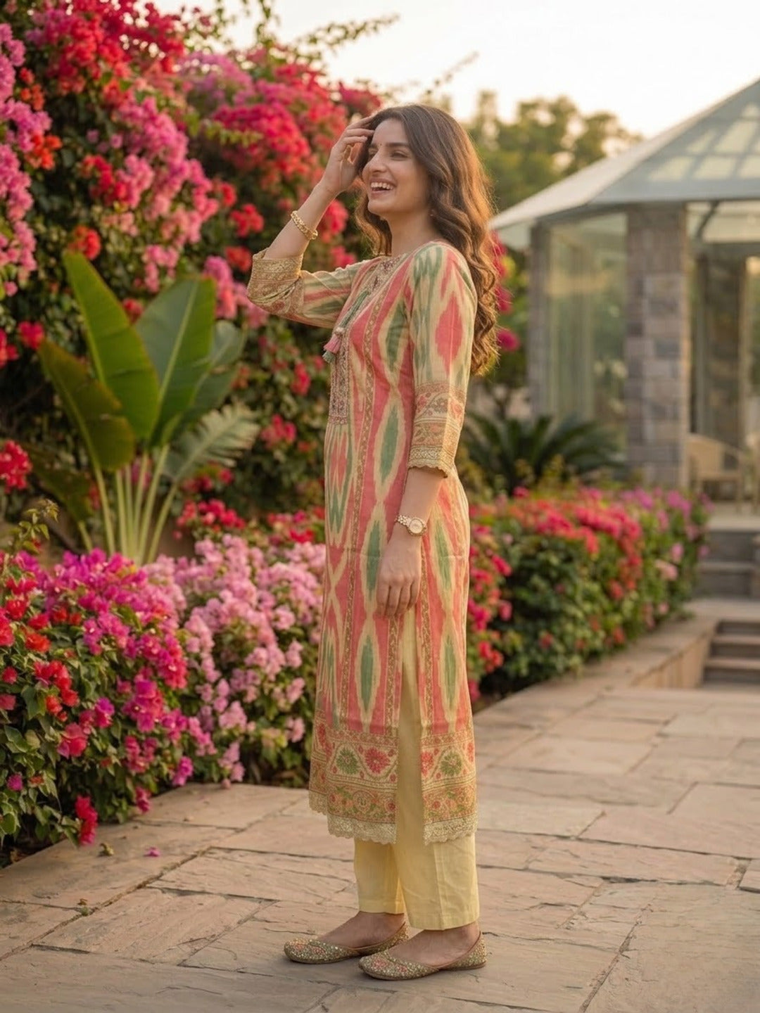 Multicolour Ikat Print Voile Kurta Set with Beige Palazzo & Dupatta