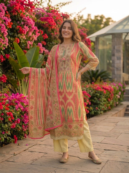 Multicolour Ikat Print Voile Kurta Set with Beige Palazzo & Dupatta
