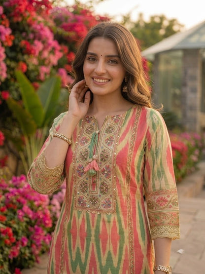 Multicolour Ikat Print Voile Kurta Set with Beige Palazzo & Dupatta
