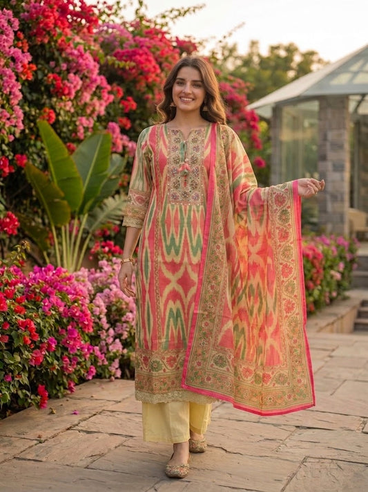 Multicolour Ikat Print Voile Kurta Set with Beige Palazzo & Dupatta