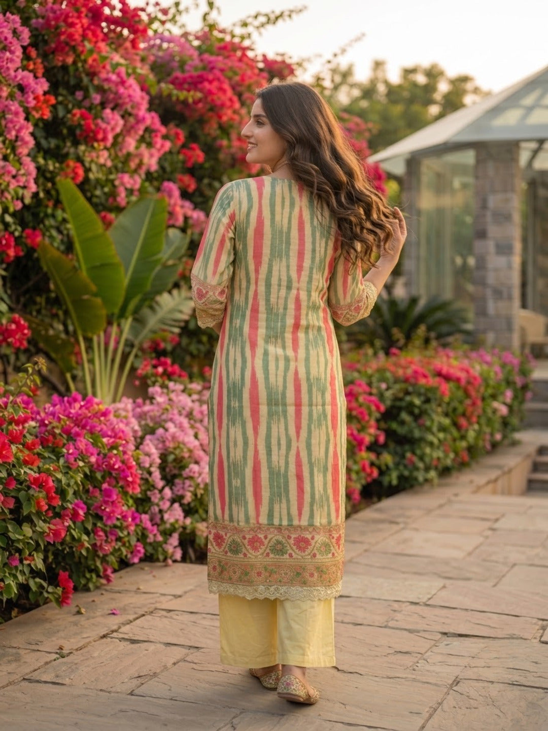 Multicolour Ikat Print Voile Kurta Set with Beige Palazzo & Dupatta