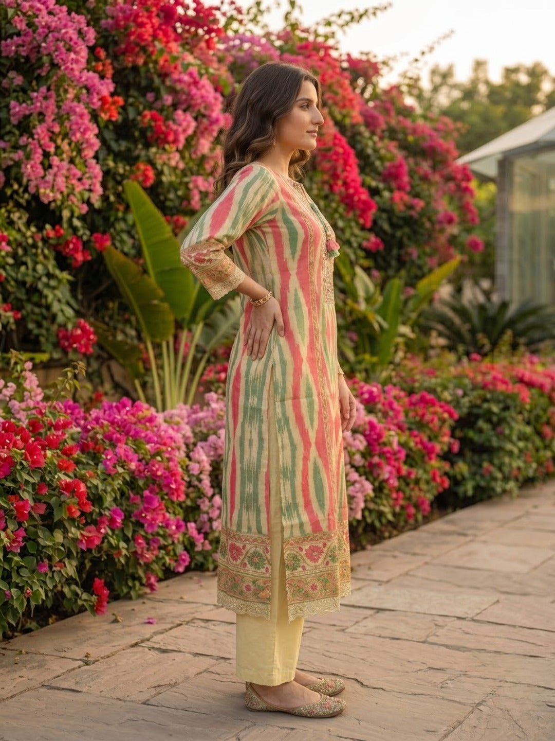 Multicolour Ikat Print Voile Kurta Set with Beige Palazzo & Dupatta