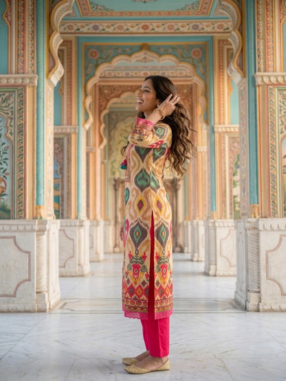 Multicolour Ikat Print Voile Kurta Palazzo Set with Dupatta