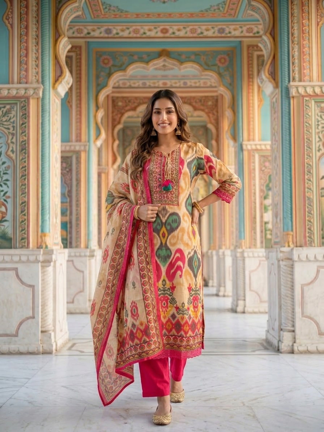 Multicolour Ikat Print Voile Kurta Palazzo Set with Dupatta