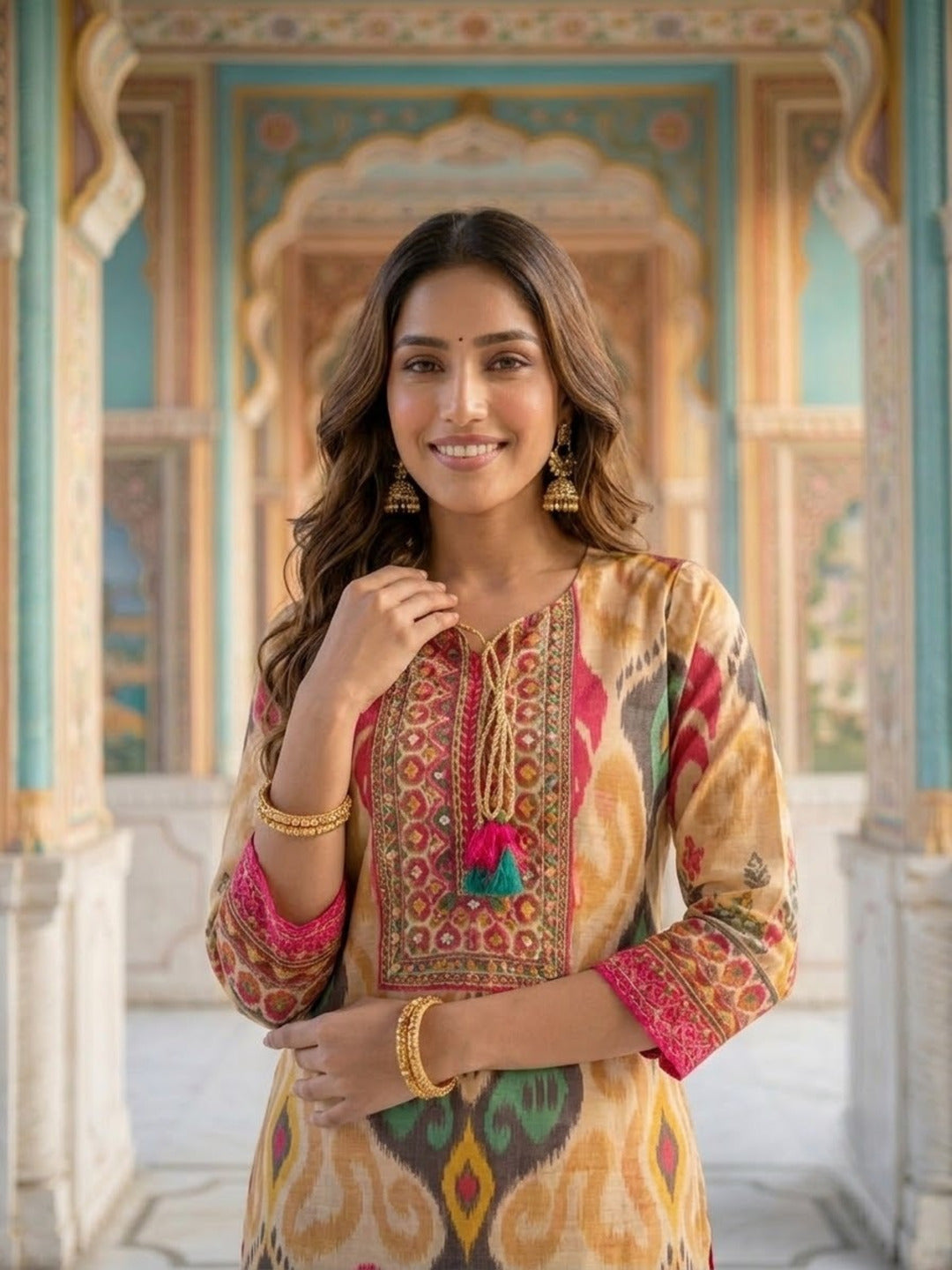 Multicolour Ikat Print Voile Kurta Palazzo Set with Dupatta