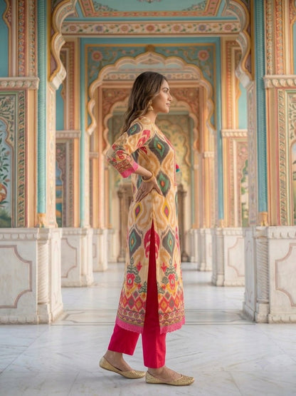 Multicolour Ikat Print Voile Kurta Palazzo Set with Dupatta