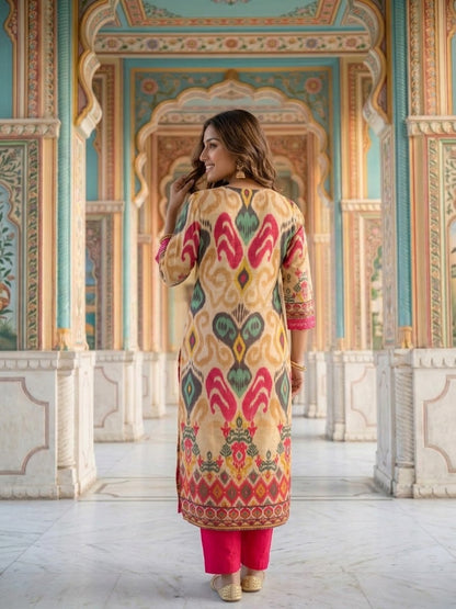 Multicolour Ikat Print Voile Kurta Palazzo Set with Dupatta