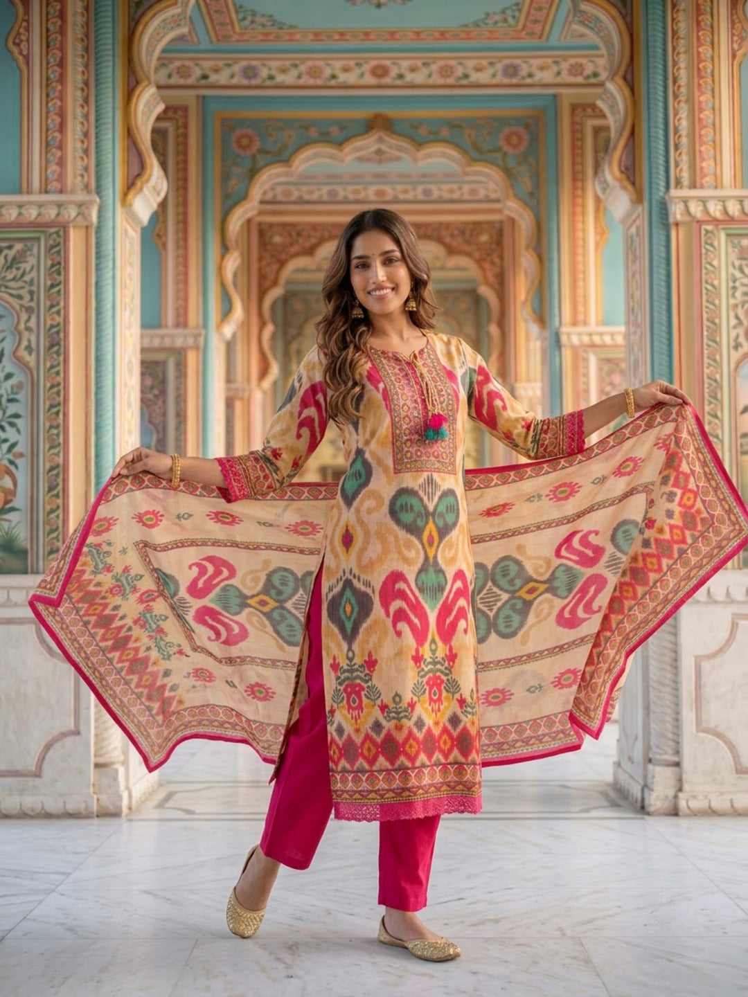 Multicolour Ikat Print Voile Kurta Palazzo Set with Dupatta