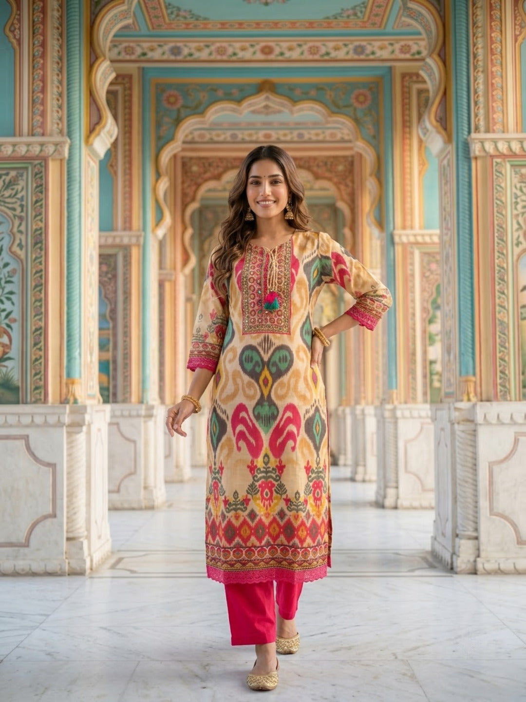 Multicolour Ikat Print Voile Kurta Palazzo Set with Dupatta