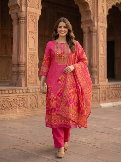 Pink Ikat Print Voile Kurta Set with Palazzo & Dupatta