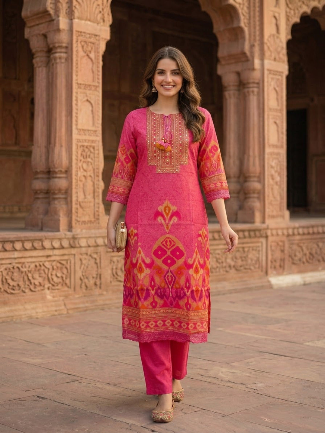 Pink Ikat Print Voile Kurta Set with Palazzo & Dupatta
