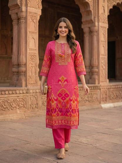 Pink Ikat Print Voile Kurta Set with Palazzo & Dupatta