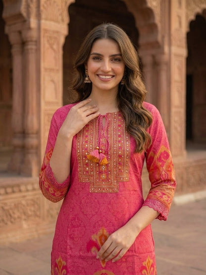 Pink Ikat Print Voile Kurta Set with Palazzo & Dupatta