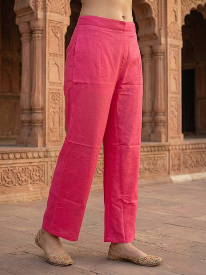 Pink Ikat Print Voile Kurta Set with Palazzo & Dupatta