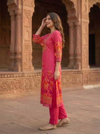 Pink Ikat Print Voile Kurta Set with Palazzo & Dupatta