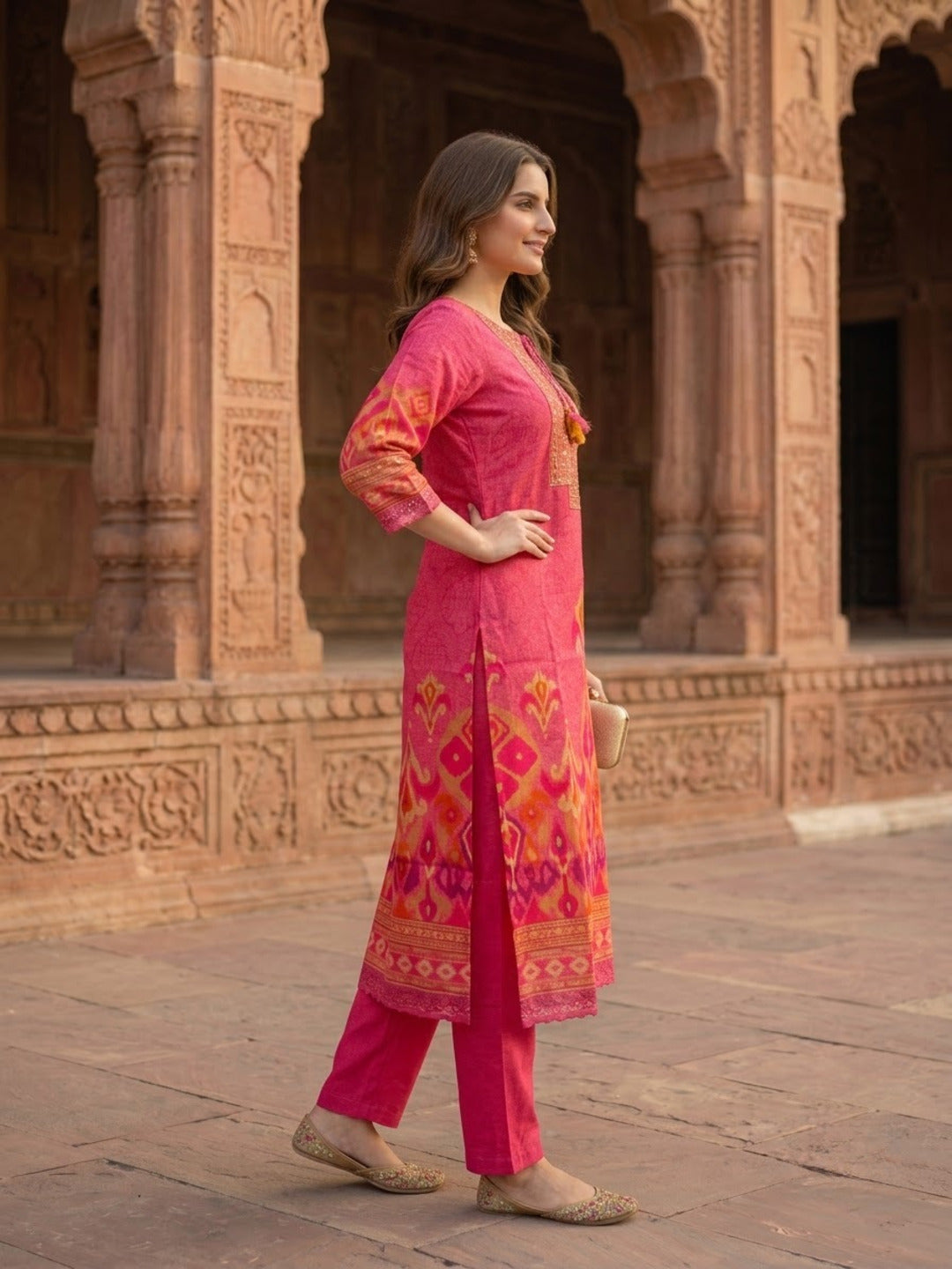 Pink Ikat Print Voile Kurta Set with Palazzo & Dupatta